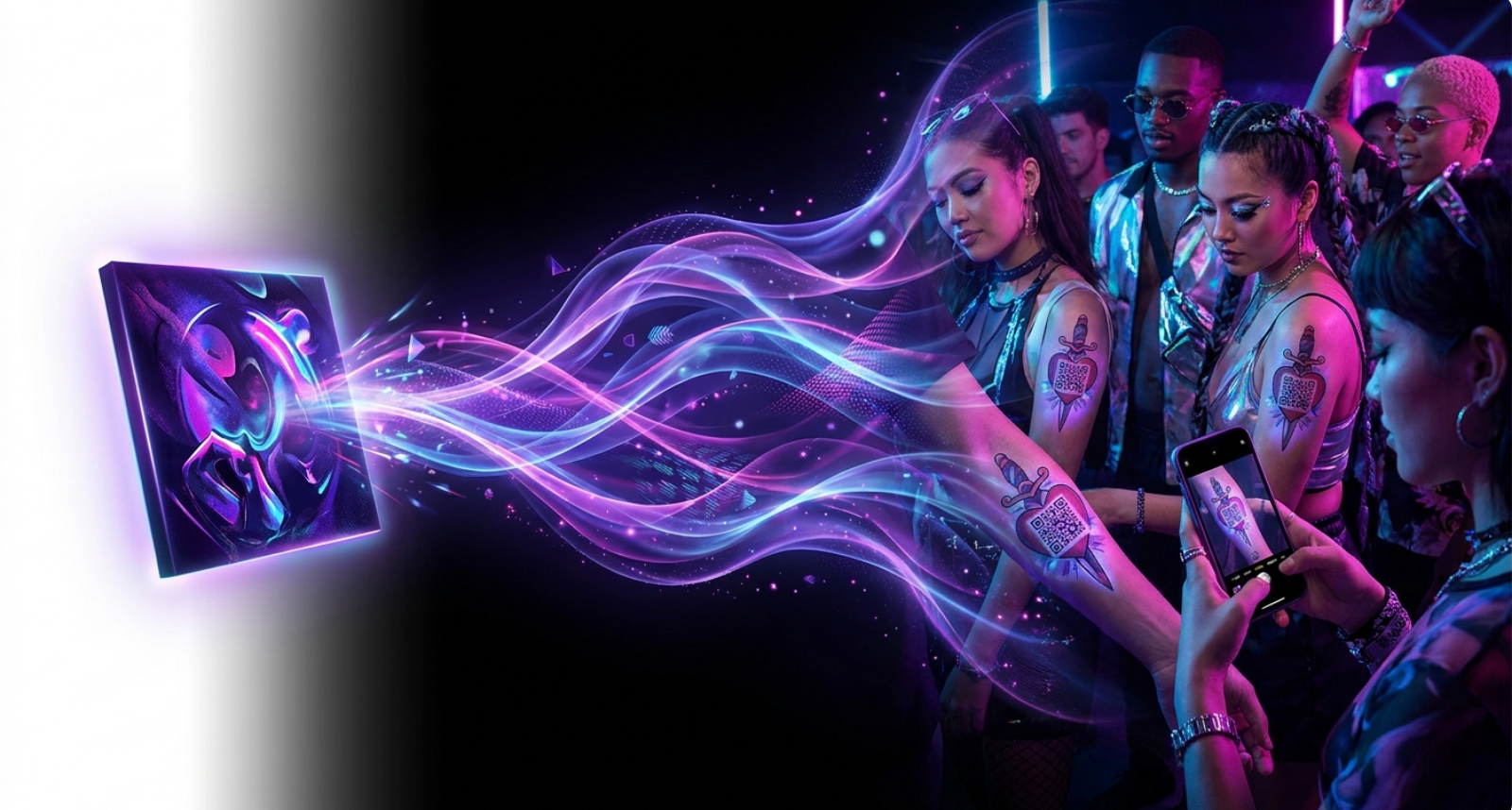 Crowd at a club wearing glowing WAVSkin QR tattoos with neon soundwaves flowing from album art