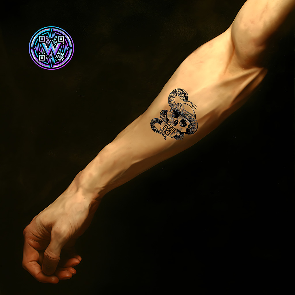 Glowing holographic QR temporary tattoo on a forearm
