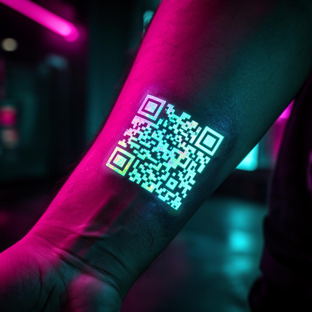Glowing holographic QR temporary tattoo on a forearm